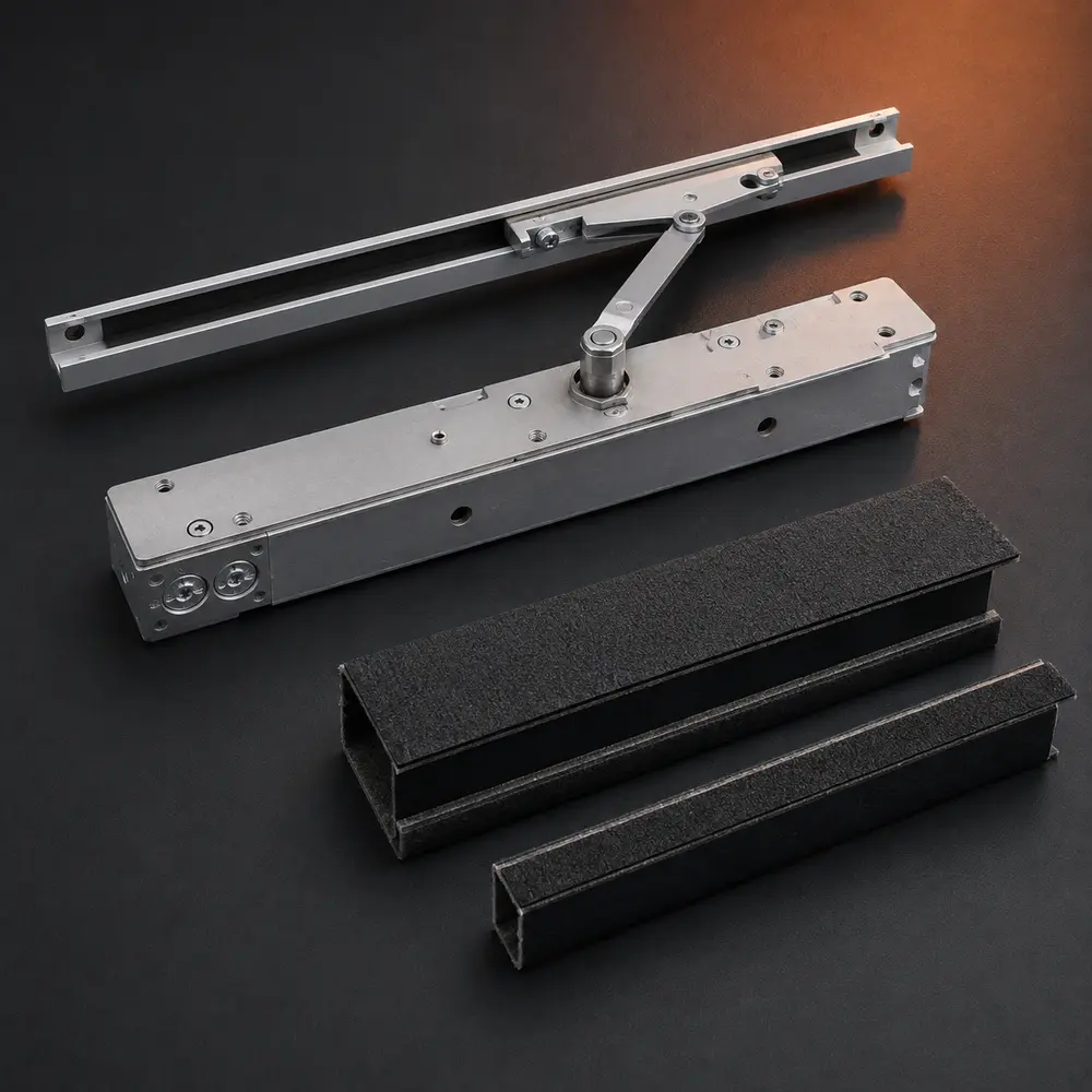 Representative concealed cam-action fire-door closer with recessed slide track, arm and intumescent liners