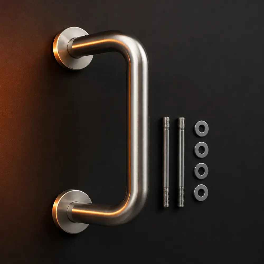 Representative satin stainless-steel D pull handle with concealed roses and bolt-through fixings