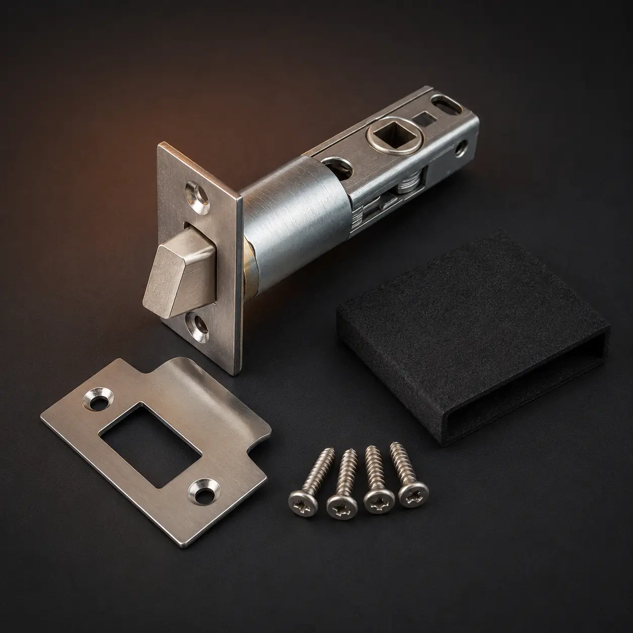 Fire-rated tubular mortice latch with bevelled sprung latchbolt, strike plate and intumescent protection