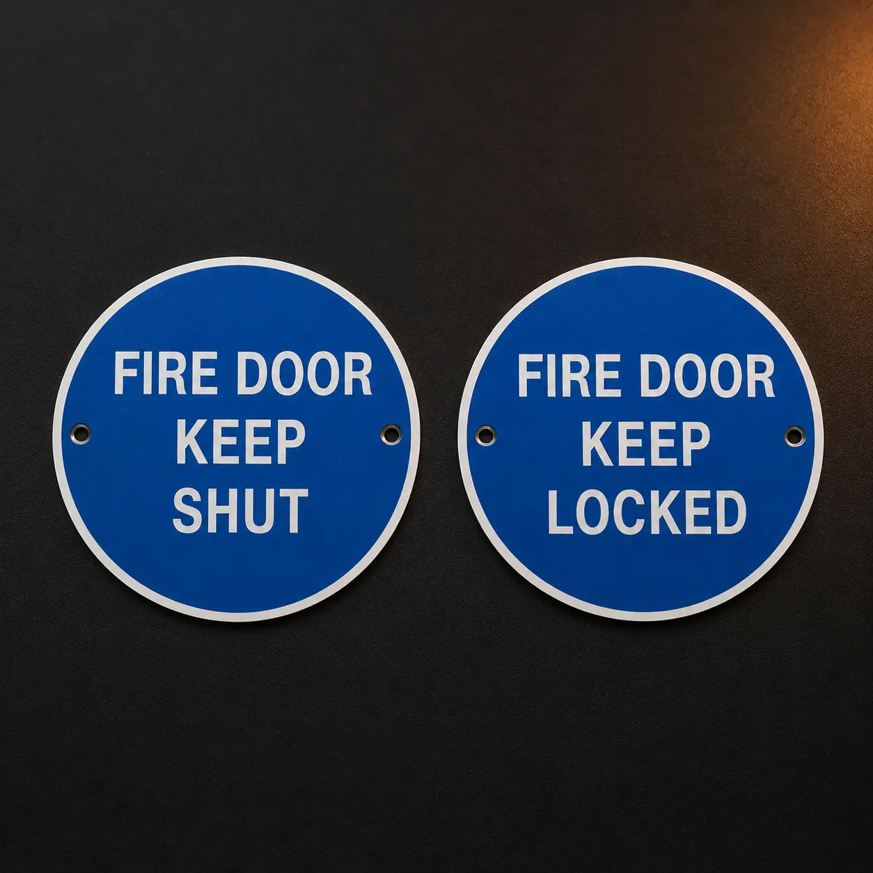 Blue mandatory Fire door keep shut and Fire door keep locked signs
