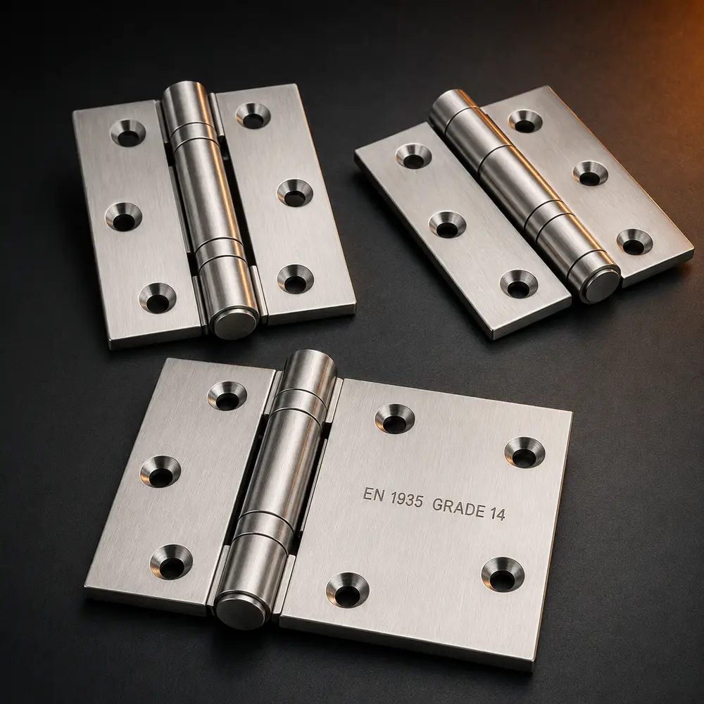 Representative set of heavy-duty stainless steel ball-bearing hinges visibly marked EN 1935 Grade 14