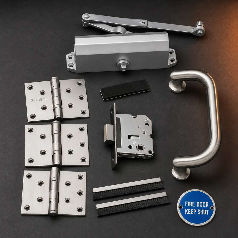Representative coordinated fire-door pack with Grade 13 hinges, closer, pull handle, latch, seals and signage