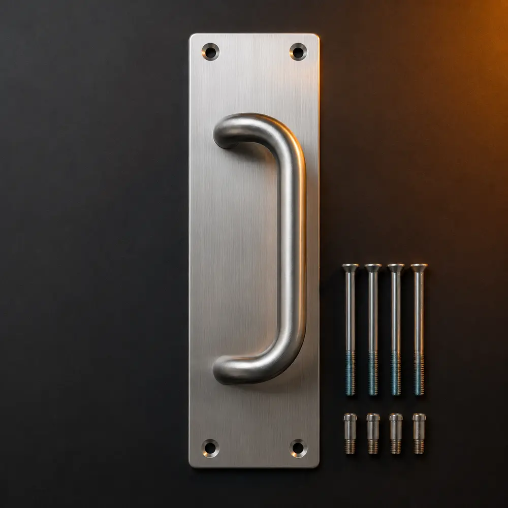 Representative stainless-steel D pull handle mounted on a full finger plate