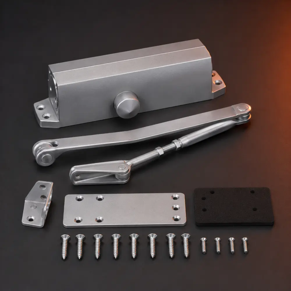 Representative surface-mounted fire-door closer kit with articulated arm and intumescent protection